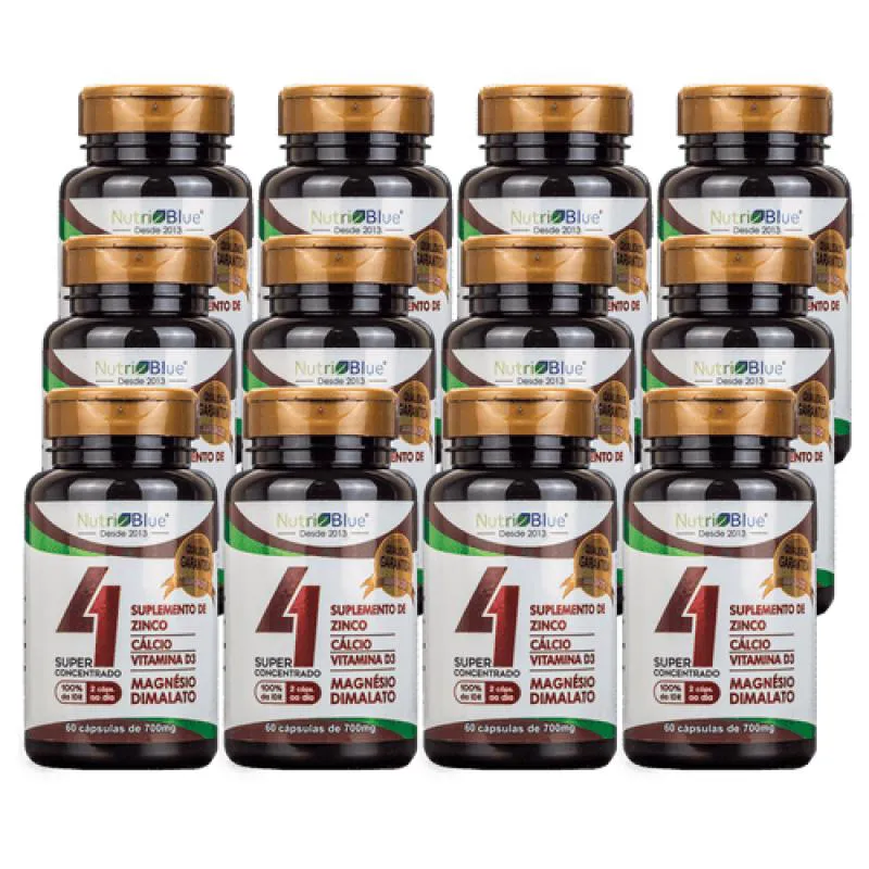 12 Frascos - Quarteto Vitamínico Nutriblue (Magnésio Dimalato, D3, Zinco e Cálcio)