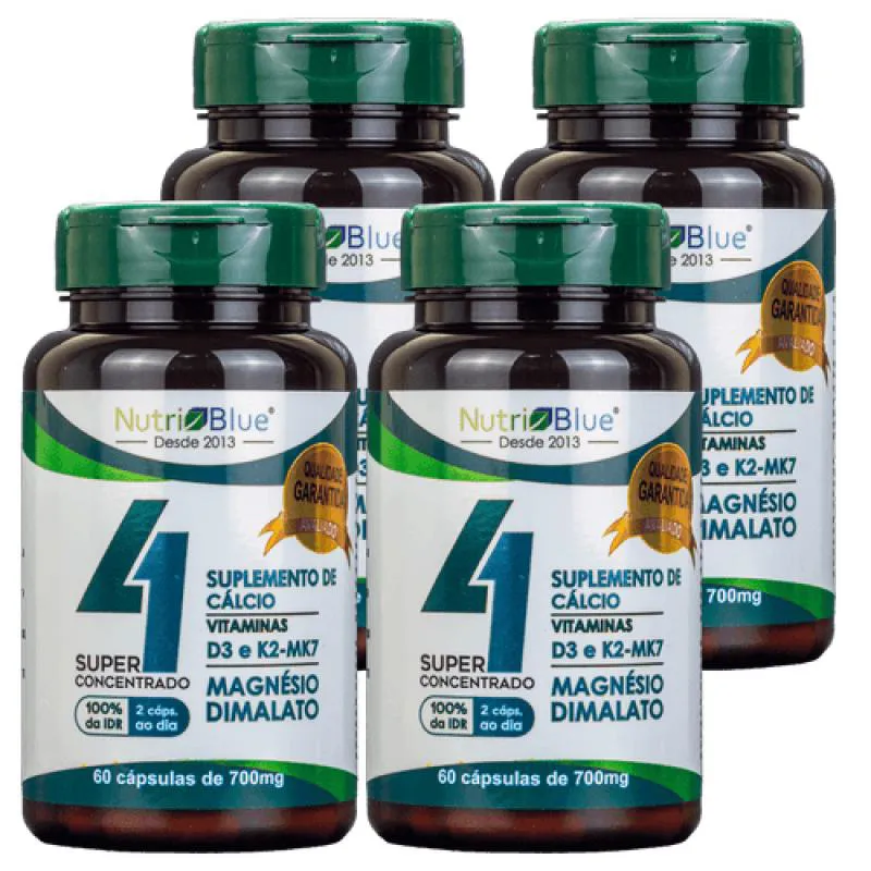 4 Frascos - Quarteto Vitamínico Nutriblue (Magnésio Dimalato, D3, K2 e Cálcio)