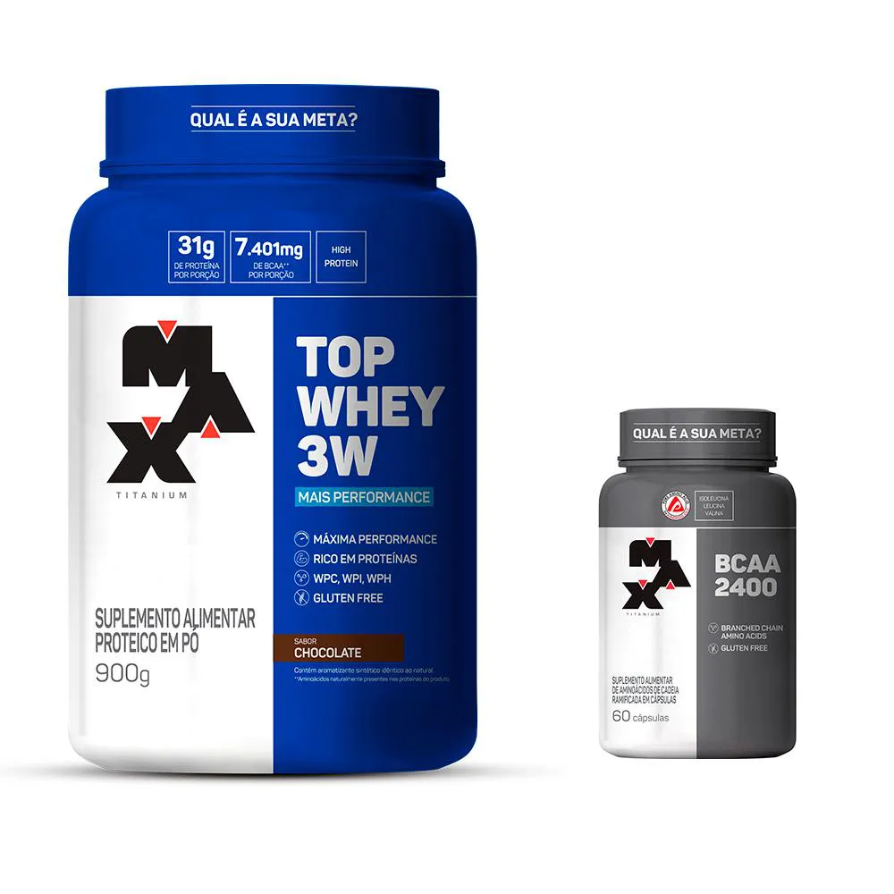 TOP WHEY 3W 900G + BCAA 2400 60CPS - MAX TITANIUM - BAUNILHA