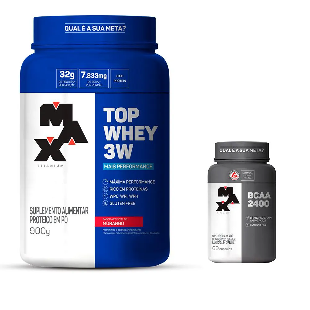 TOP WHEY 3W 900G + BCAA 2400 60CPS - MAX TITANIUM - MORANGO