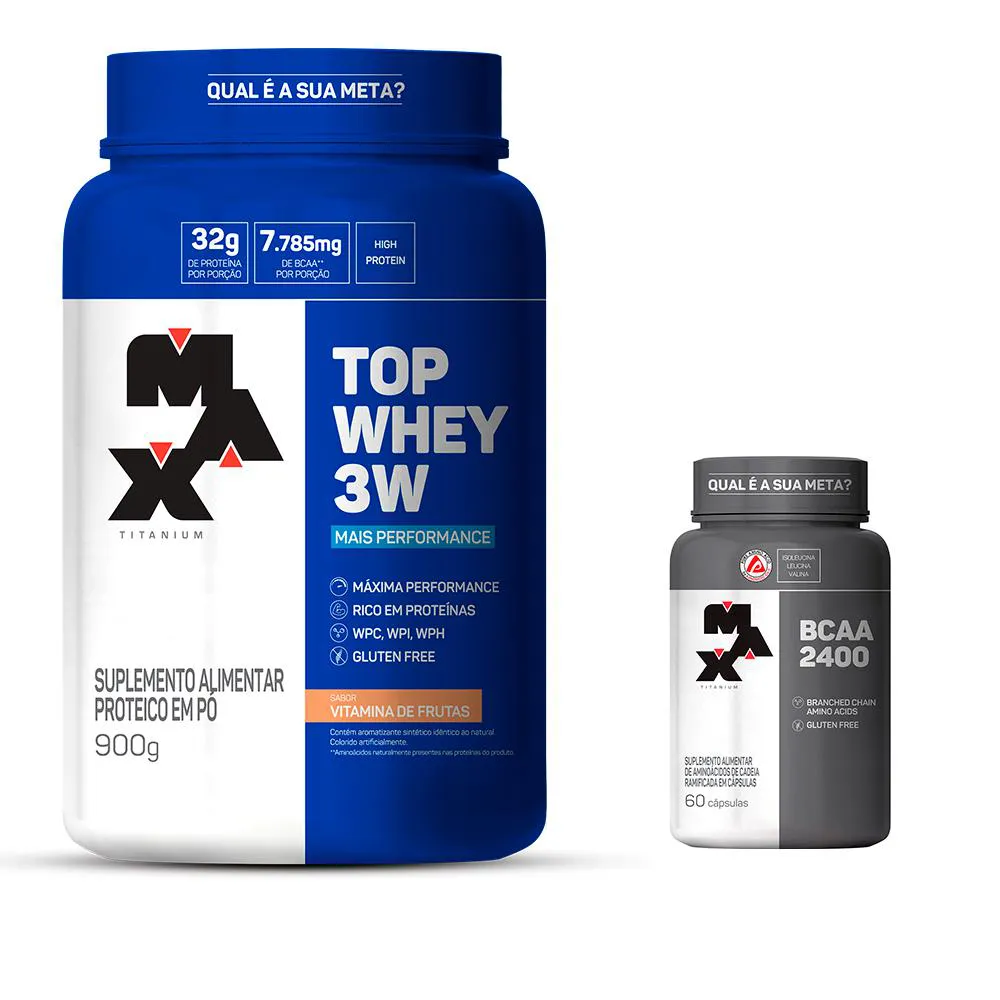 TOP WHEY 3W 900G + BCAA 2400 60CPS - MAX TITANIUM - VITAMINA DE FRUTAS