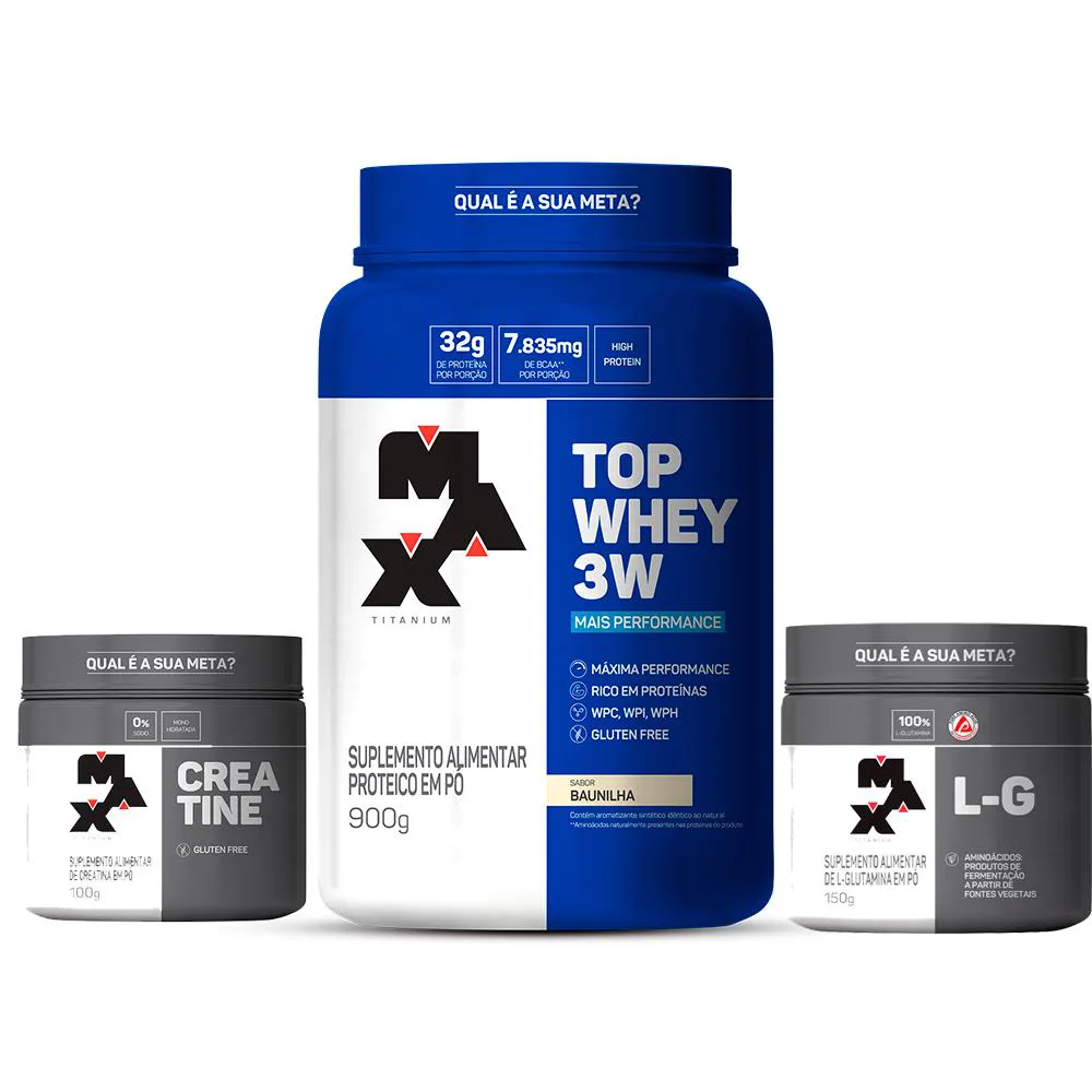 KIT TOP WHEY PROTEIN 3W 900G + CREATINA100G + GLUTAMINA150G MAX TITANIUM - BAUNILHA