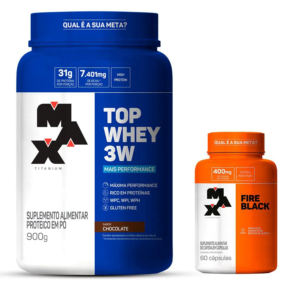 KIT TOP WHEY 3W + CAFEINA FIRE BLACK MAX TITANIUM - CHOCOLATE