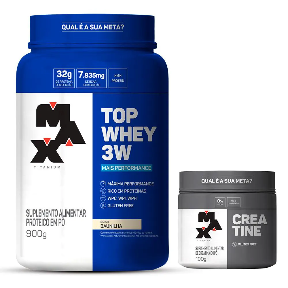 KIT TOP WHEY 3W 900G POTE + CREATINA 100G MAX TITANIUM - BAUNILHA