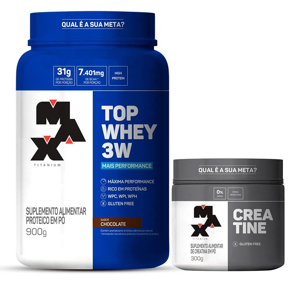 KIT TOP WHEY 3W 900G + CREATINA 300G MAX TITANIUM - CHOCOLATE