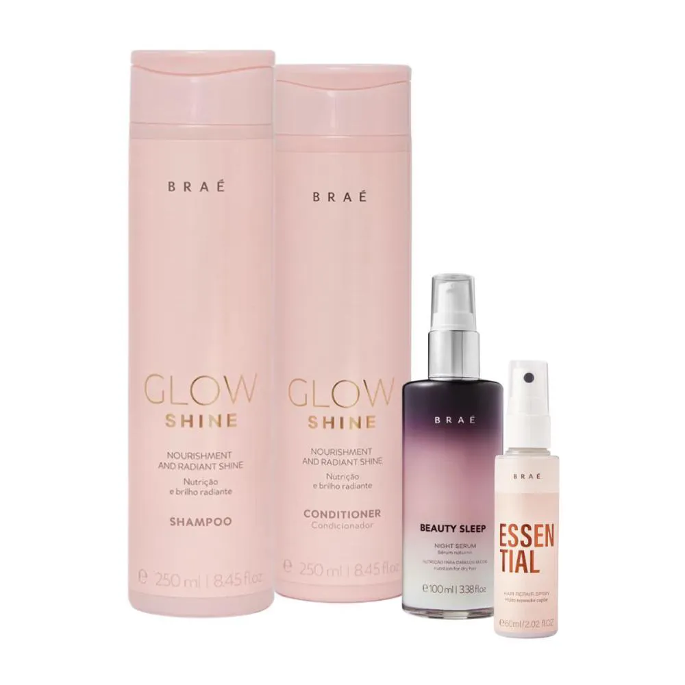 Kit Braé Glow Shine Shampoo 250ml + Condicionador 250ml + Beauty Sleep 100ml + Essential Fluido 60ml