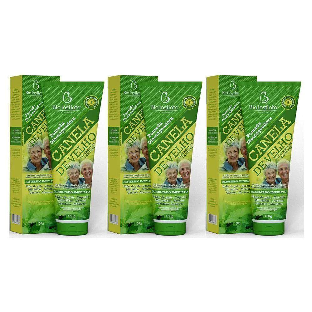 Kit 3 Pomada Canela De Velho Bio Instinto 150g Massageadora Com Sebo De Carneiro