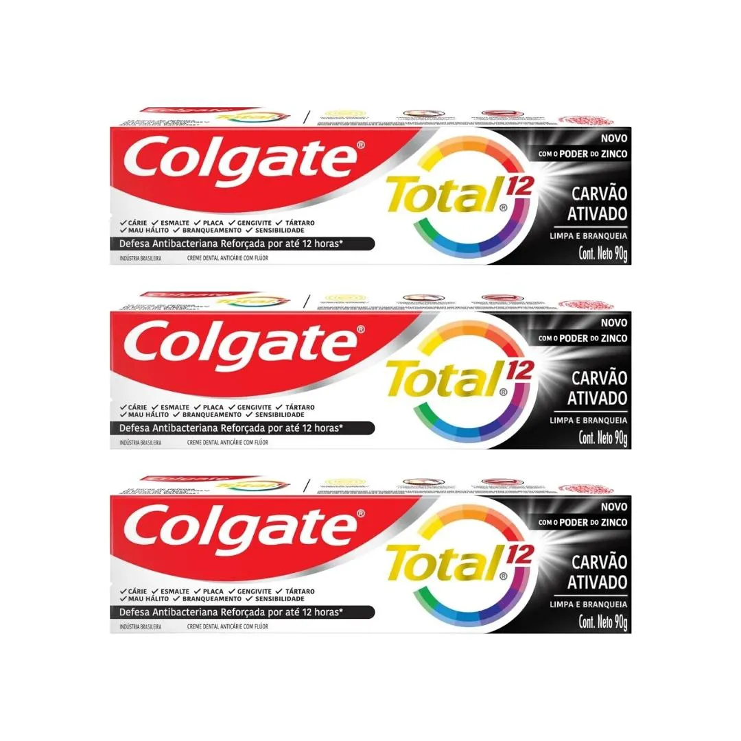 Creme Dental Colgate Total 12 Carvao Ativado 90g - Kit C/3un