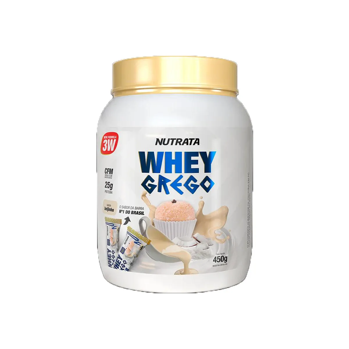 Whey Protein 3W Grego Sabor Beijinho Pote 450g Nutrata