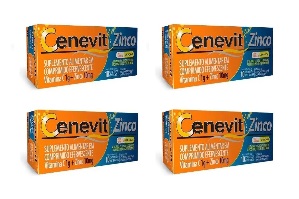 Kit 4 Vitamina C e Zinco Cenevit Zinco Sabor Laranja 10Comps