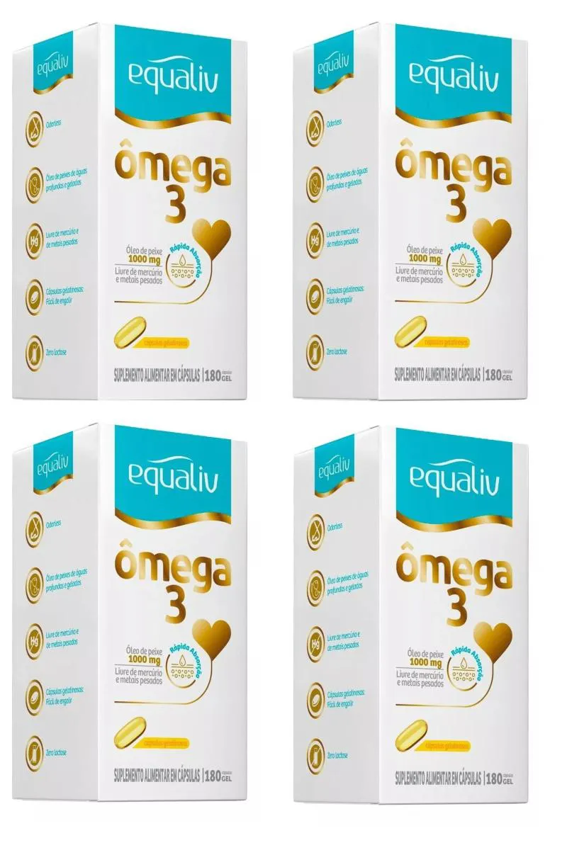 Kit com 4 Suplemento Equaliv Omêga 3 Sem Sabor c/ 180Cps Gel