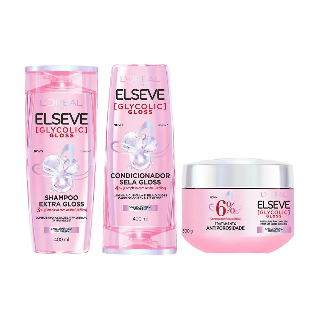 Kit Elseve Glycolic Gloss Sh 400ml+Cond 400ml+Creme Trat