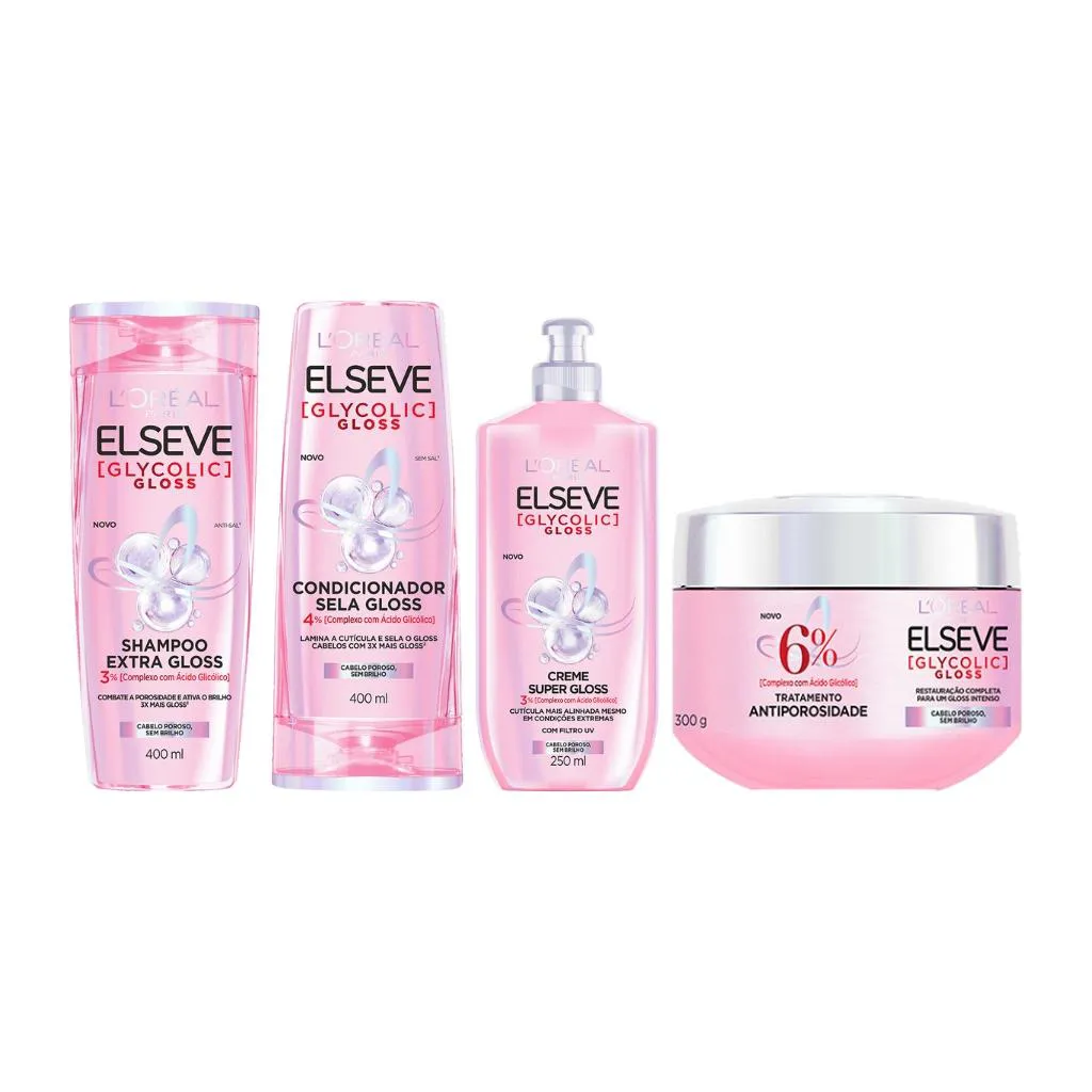 Kit Elseve Glycolic Gloss Sh 400ml+Cond 400ml+Creme Pt+Cr Tr