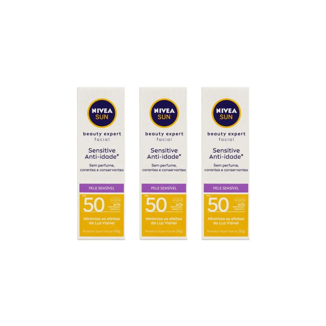 Protetor Solar Nivea Facial 50G Beauty F50 Antidade- Kit 3un