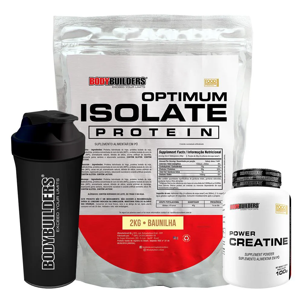 Kit Optimum Isolate Whey Protein 2kg + Power Creatina 100g + Coqueteleira - Bodybuilder  Baunilha