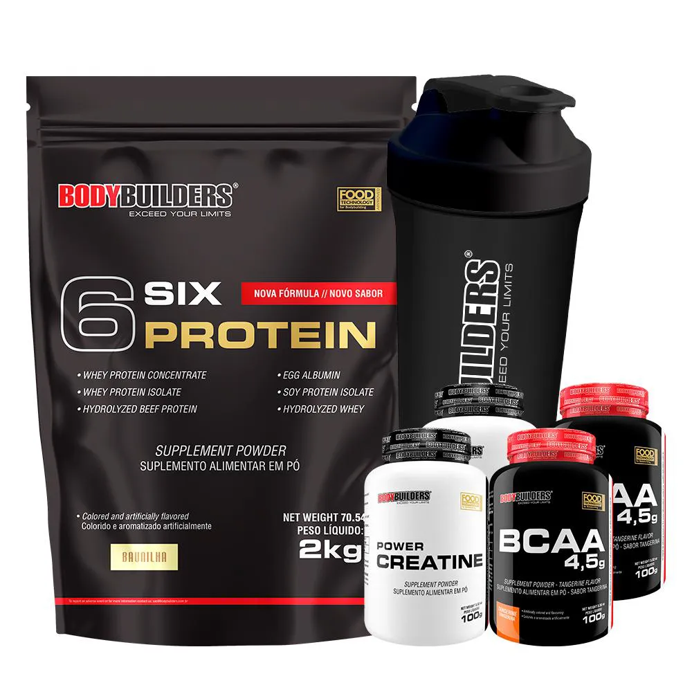 Kit Six Protein 2kg + 2x BCAA 4,5 100g + 2x Power Creatine 100g + Coqueteleira – Bodybuilders  Baunilha