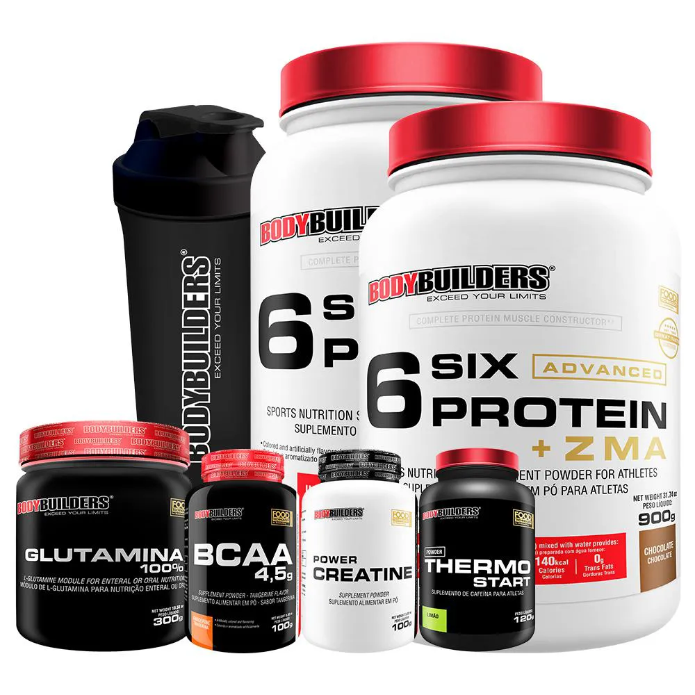 Kit 2x Six Protein + BCAA 100g + Creatina100g + Glutamina 300g + Thermo 120 cap + Coq - Bodybuilders  Chocolate
