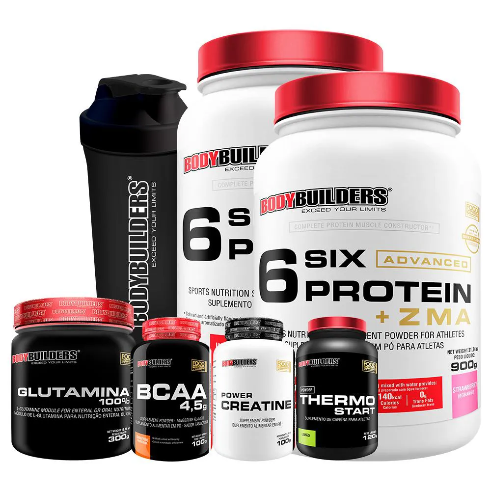 Kit 2x Six Protein + BCAA 100g + Creatina100g + Glutamina 300g + Thermo 120 cap + Coq - Bodybuilders  Morango