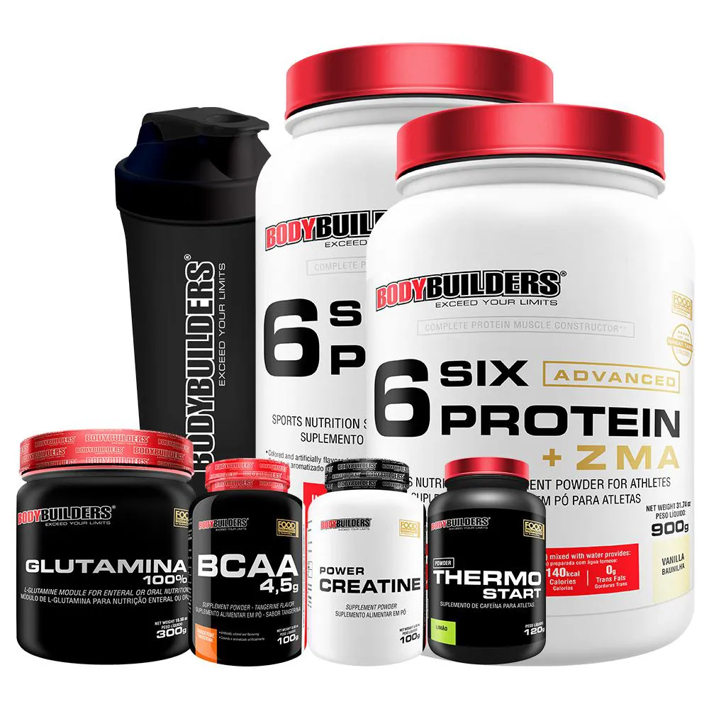 Kit 2x Six Protein + BCAA 100g + Creatina100g + Glutamina 300g + Thermo 120 cap + Coq - Bodybuilders  Baunilha
