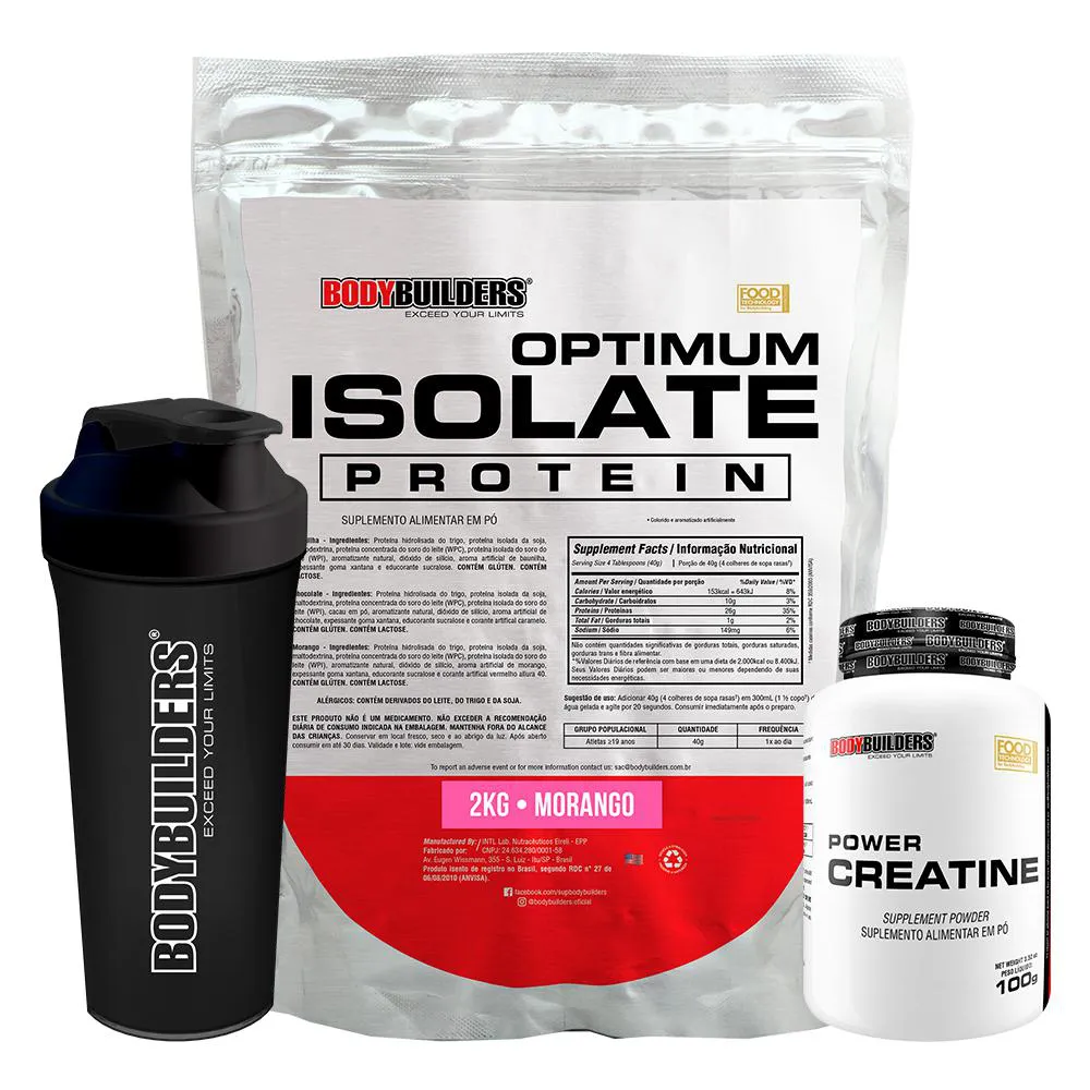 Kit Optimum Isolate Whey Protein 2kg + Power Creatina 100g + Coqueteleira - Bodybuilder  Morango