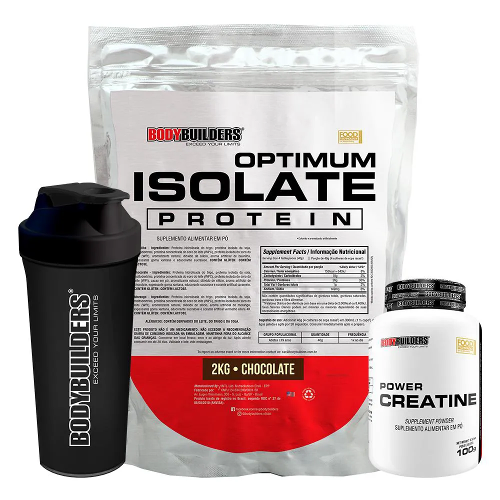 Kit Optimum Isolate Whey Protein 2kg + Power Creatina 100g + Coqueteleira - Bodybuilder  Chocolate