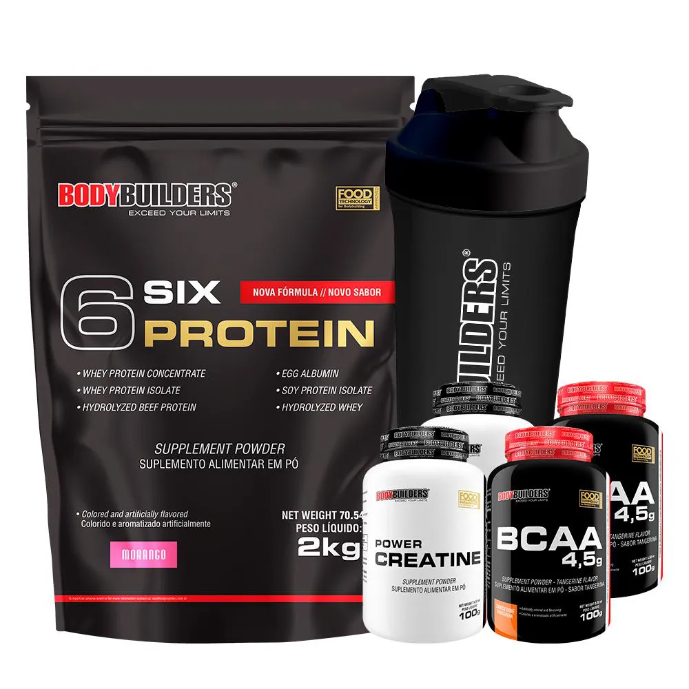 Kit Six Protein 2kg + 2x BCAA 4,5 100g + 2x Power Creatine 100g + Coqueteleira – Bodybuilders  Morango