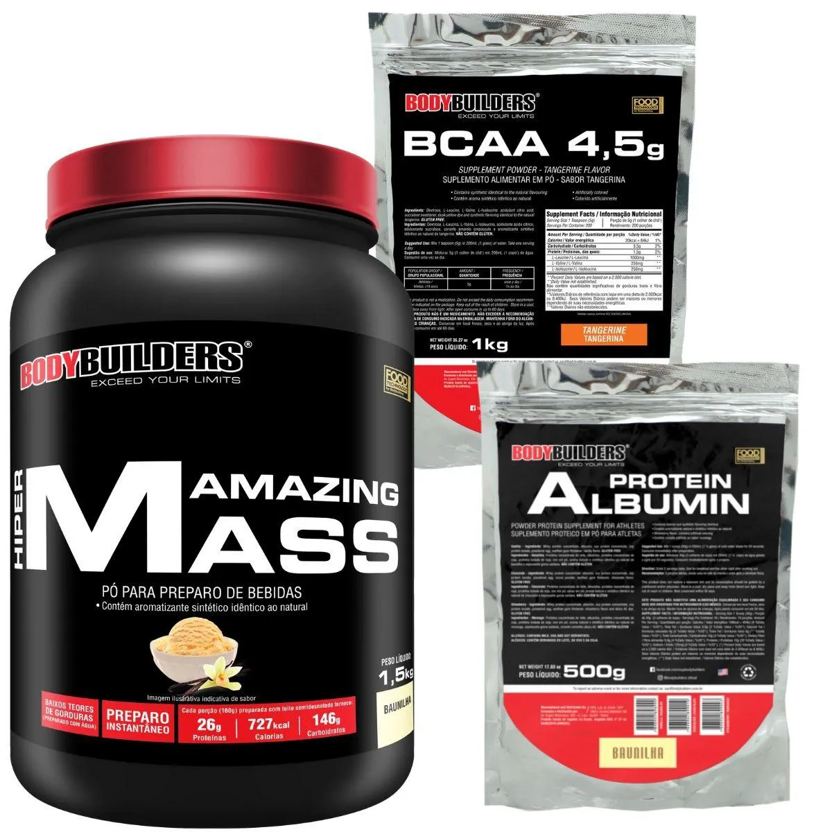Hipercalórico Amazing Mass 1,5Kg + Albumina Protein 500g + BCAA 4,5 1kg-Bodybuilders  Baunilha