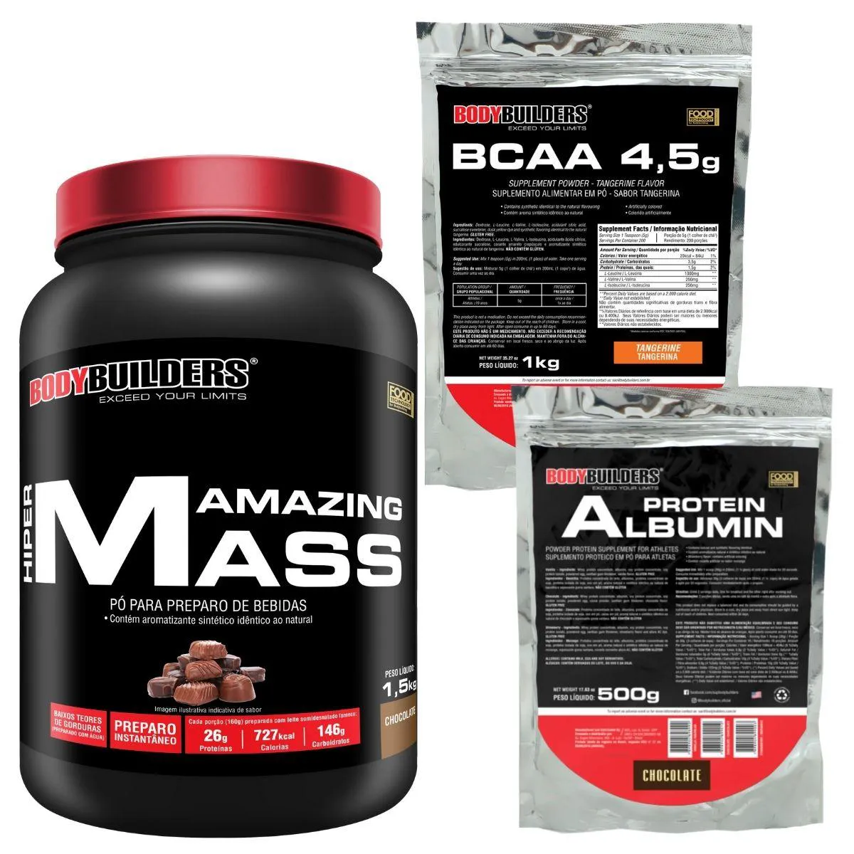 Hipercalórico Amazing Mass 1,5Kg + Albumina Protein 500g + BCAA 4,5 1kg-Bodybuilders  Chocolate