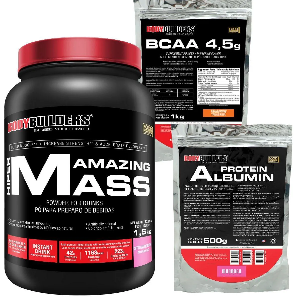 Hipercalórico Amazing Mass 1,5Kg + Albumina Protein 500g + BCAA 4,5 1kg-Bodybuilders  Morango