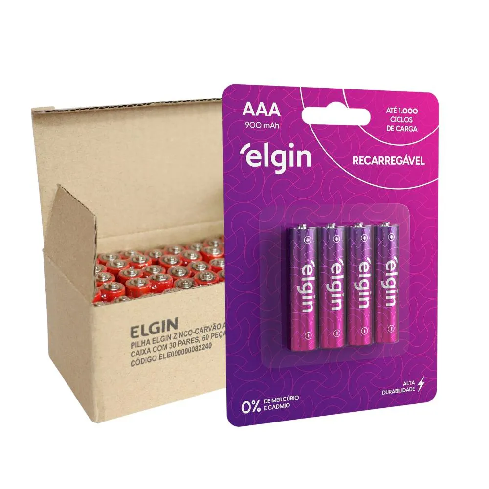Kit 60 Pilhas Zinco + 4 Recarregável Aaa 900mah Palito Elgin