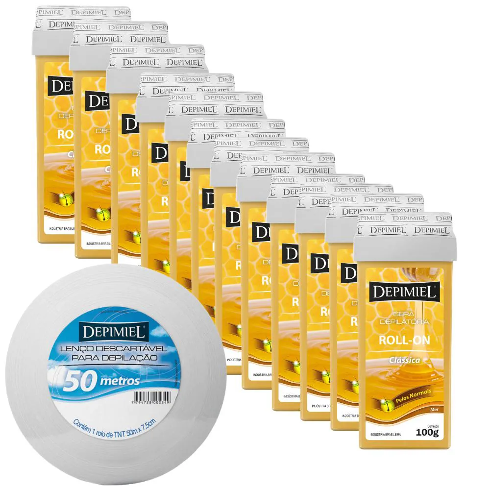 Kit 12 Cera Roll-on Clássica Rolo Lenço Depilatório Depimiel