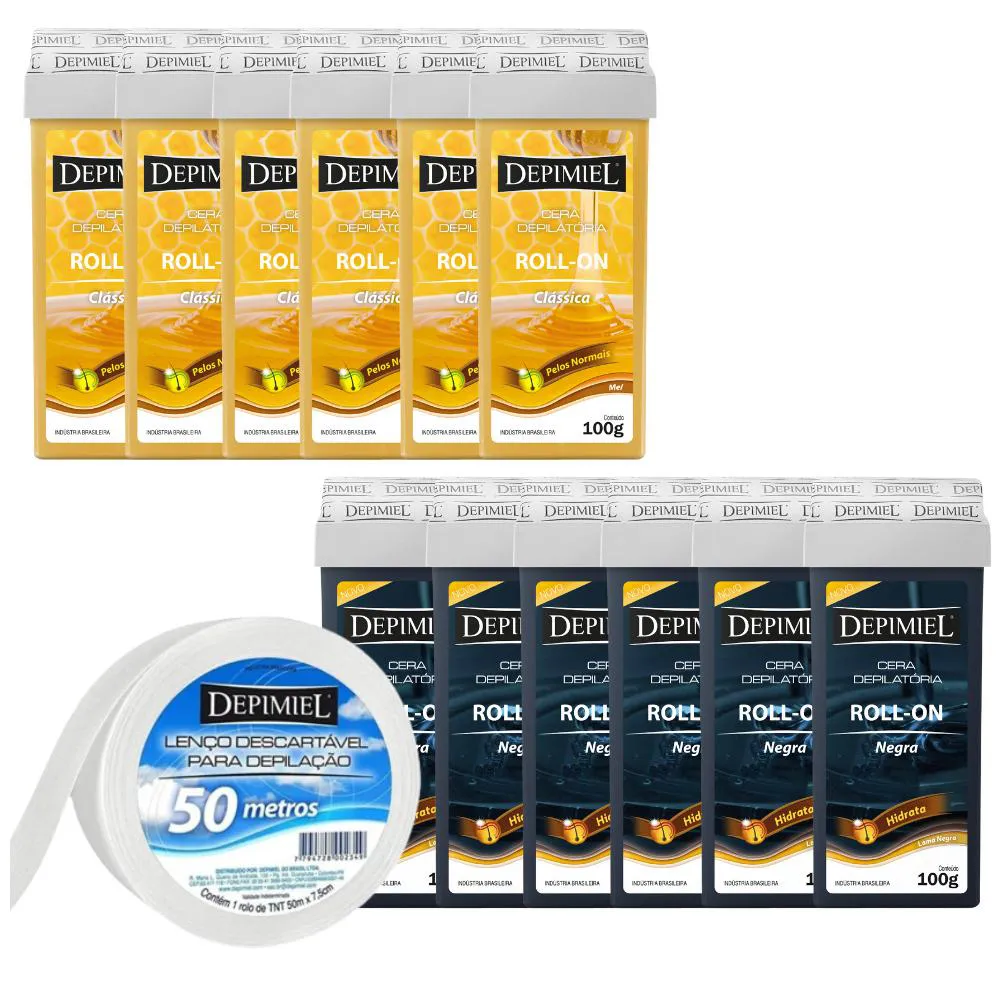Kit Ceras Roll-on Mel Negra E Rolo Lenço Depilação Depimiel