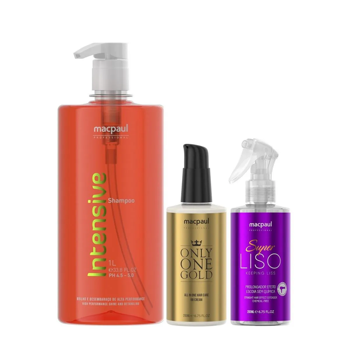 Kit MacPaul - Shampoo Intensive 1L + Only One Gold 200ml + Super Liso 200ml