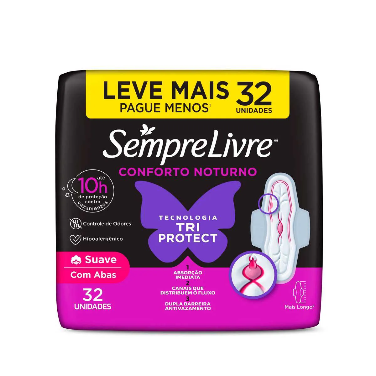 Absorvente Sempre Livre Conforto Noturno Cobertura Suave Com Abas 32 unidades