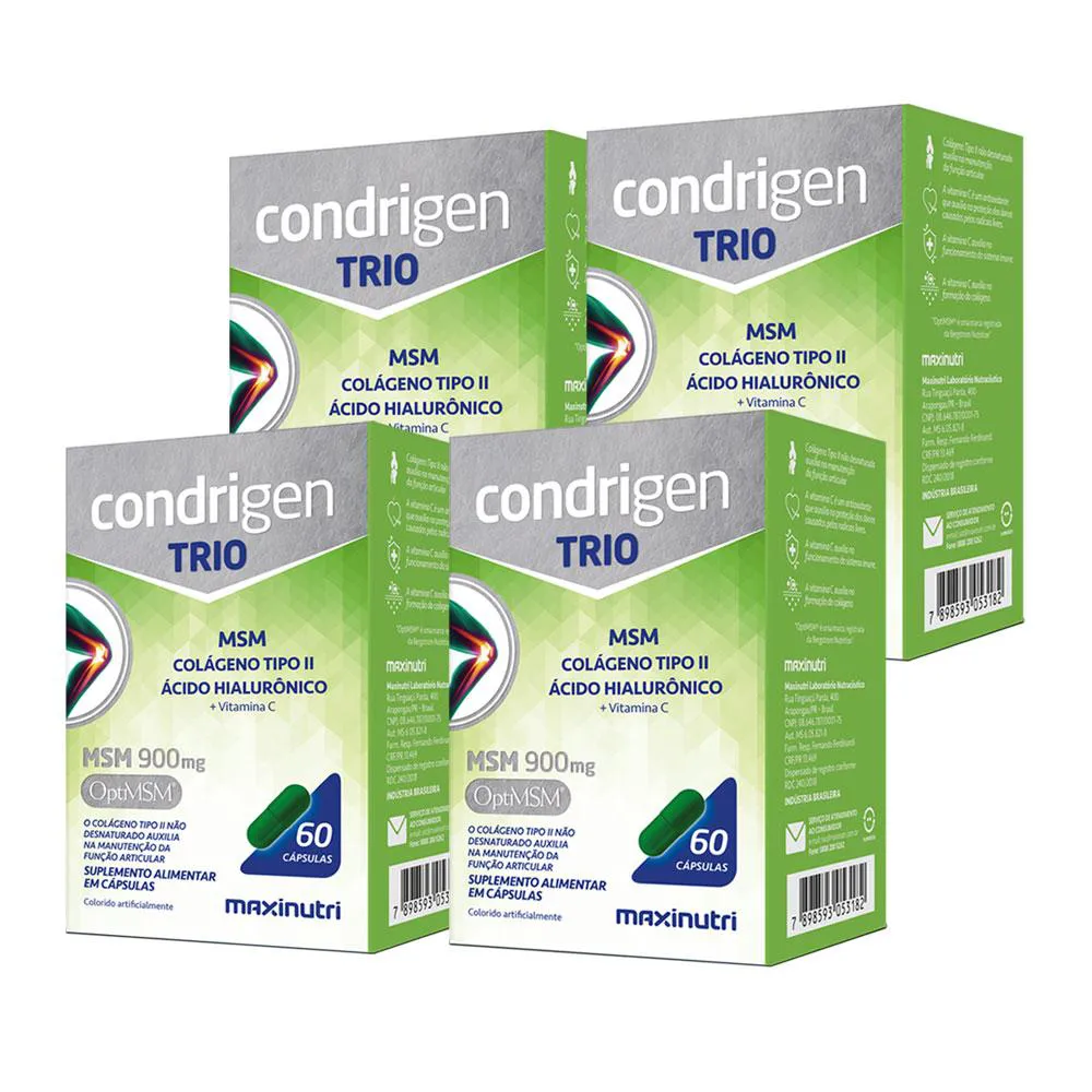 Kit 4 Condrigen Trio MSM Colágeno Tipo 2 com Ácido Hialurônico 60 Cáps Maxinutri