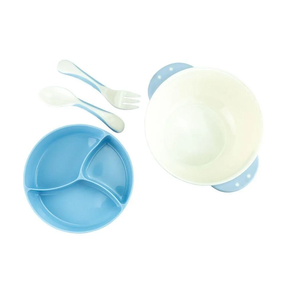 Kit Alimentação Bebê Infantil Criança Masculino Menino Prato Garfo Colher Prato Divisória Bowl Azul
