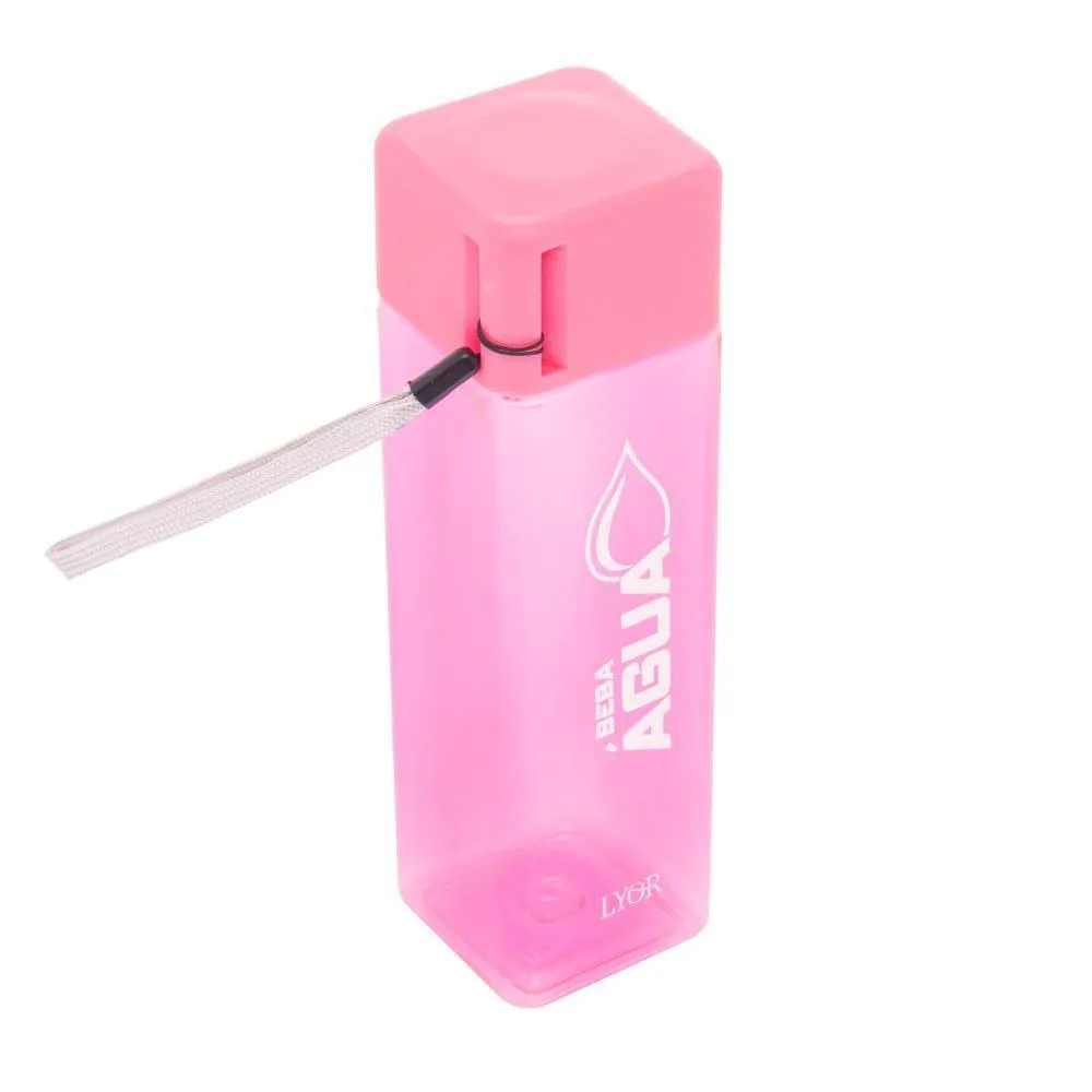 Garrafa Squeeze Quadrada Poliestireno Translúcida Rosa 450ml