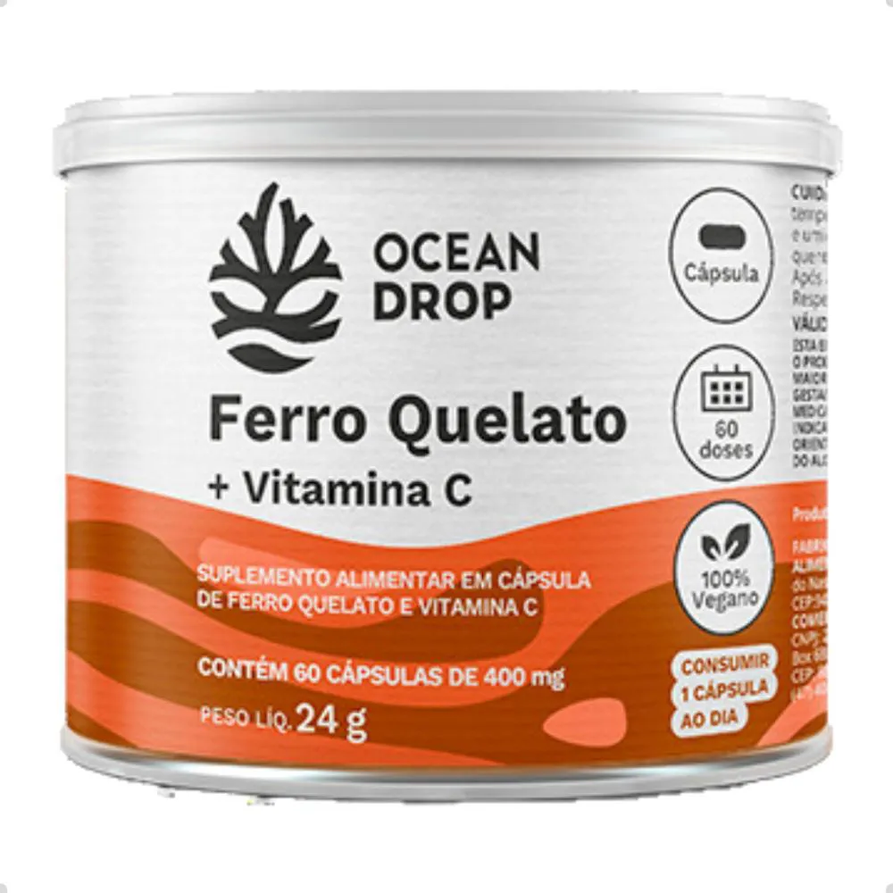 Ferro Quelato e Vitamina C Vegano 400mg 60 Capsulas Ocean Drop Natural