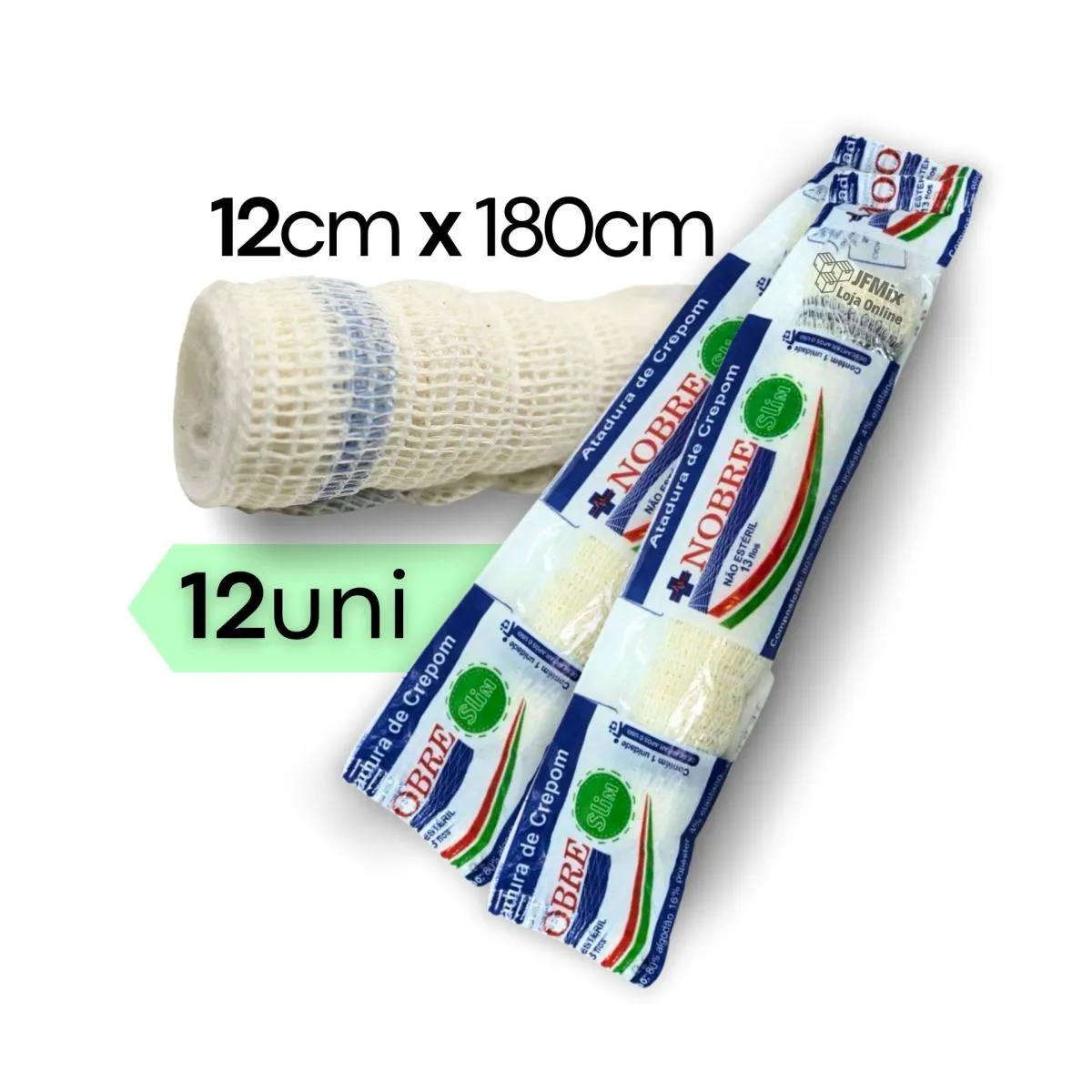 Atadura elástica crepom 13 fios - 12cm x 1,8m - 12  rolos