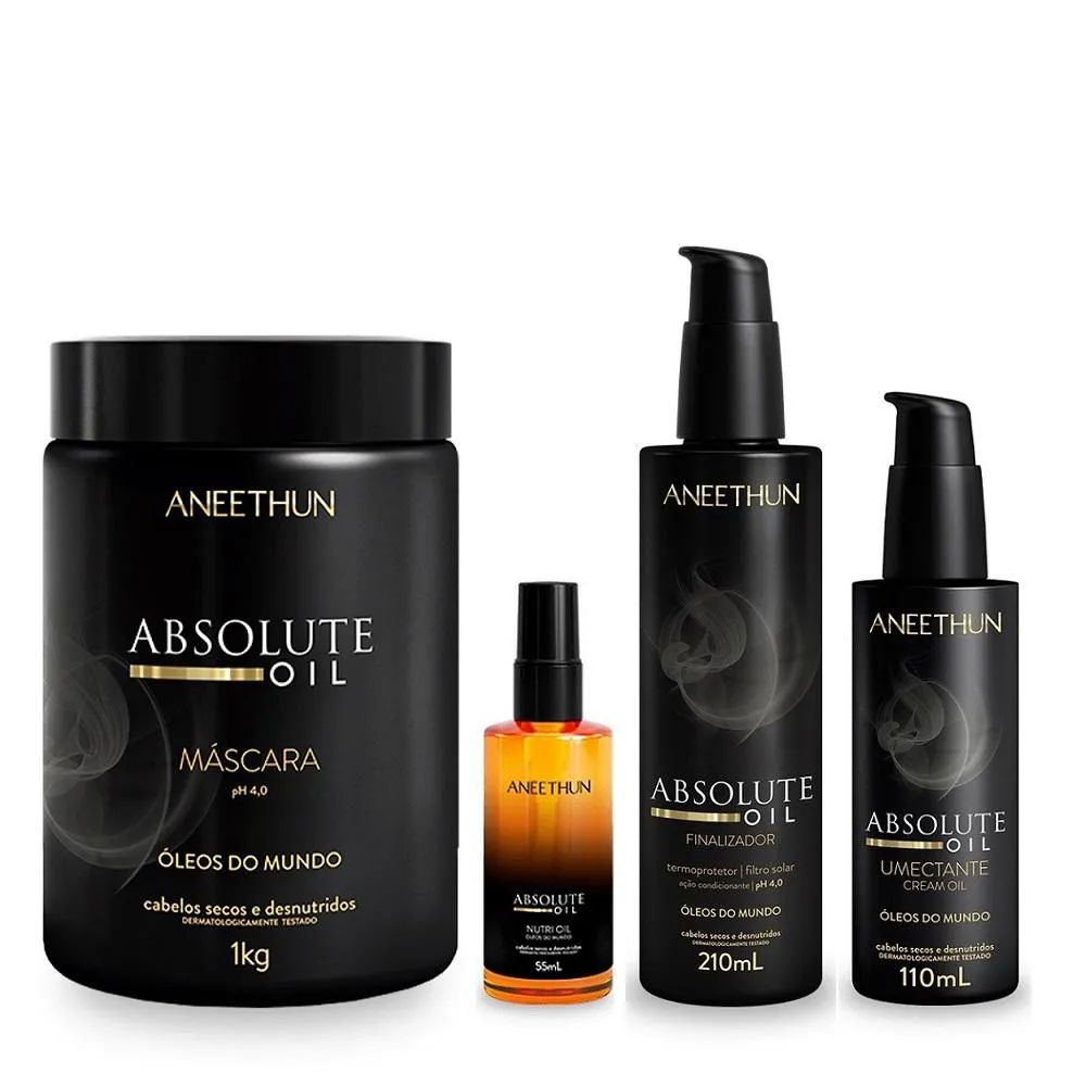 Kit Aneethun Absolute Oil - Máscara 1kg + Finalizador 210ml + Umectante Capilar 110ml + Óleo 55ml