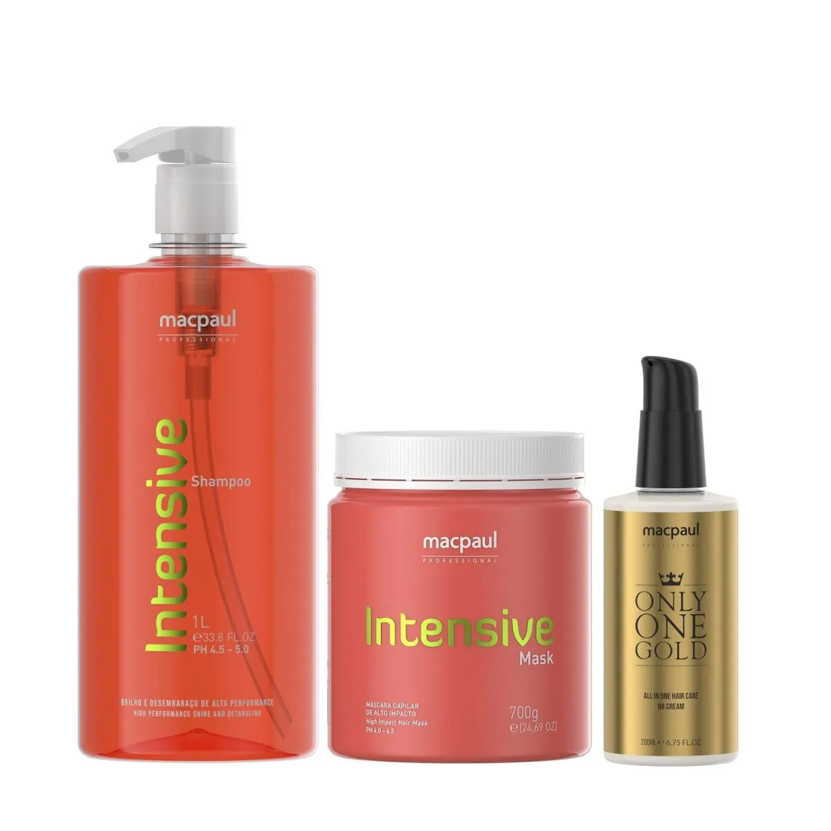 Kit MacPaul - Shampoo Intensive 1L + Máscara Intensive 700g + Only One Gold 200ml