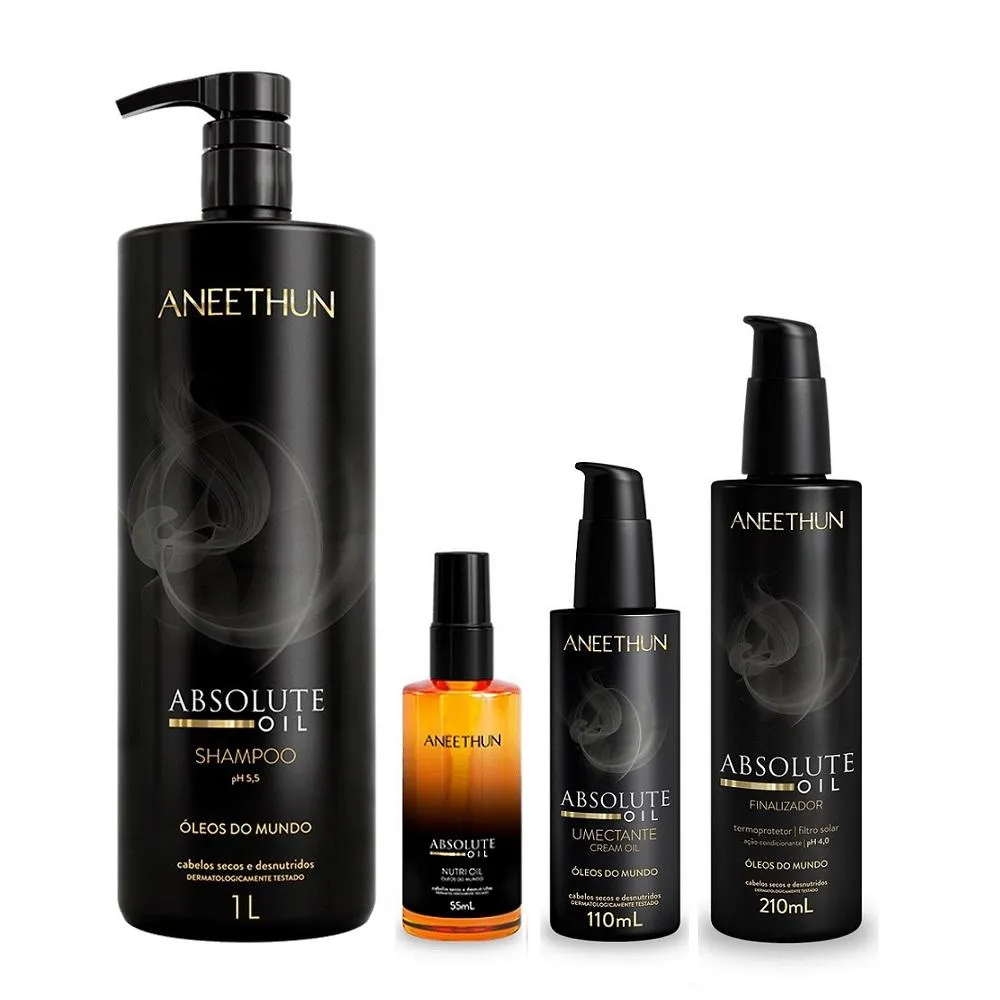 Kit Aneethun Absolute Oil - Shampoo 1l + Óleo 55ml + Finalizador 210ml + Umectante 110ml
