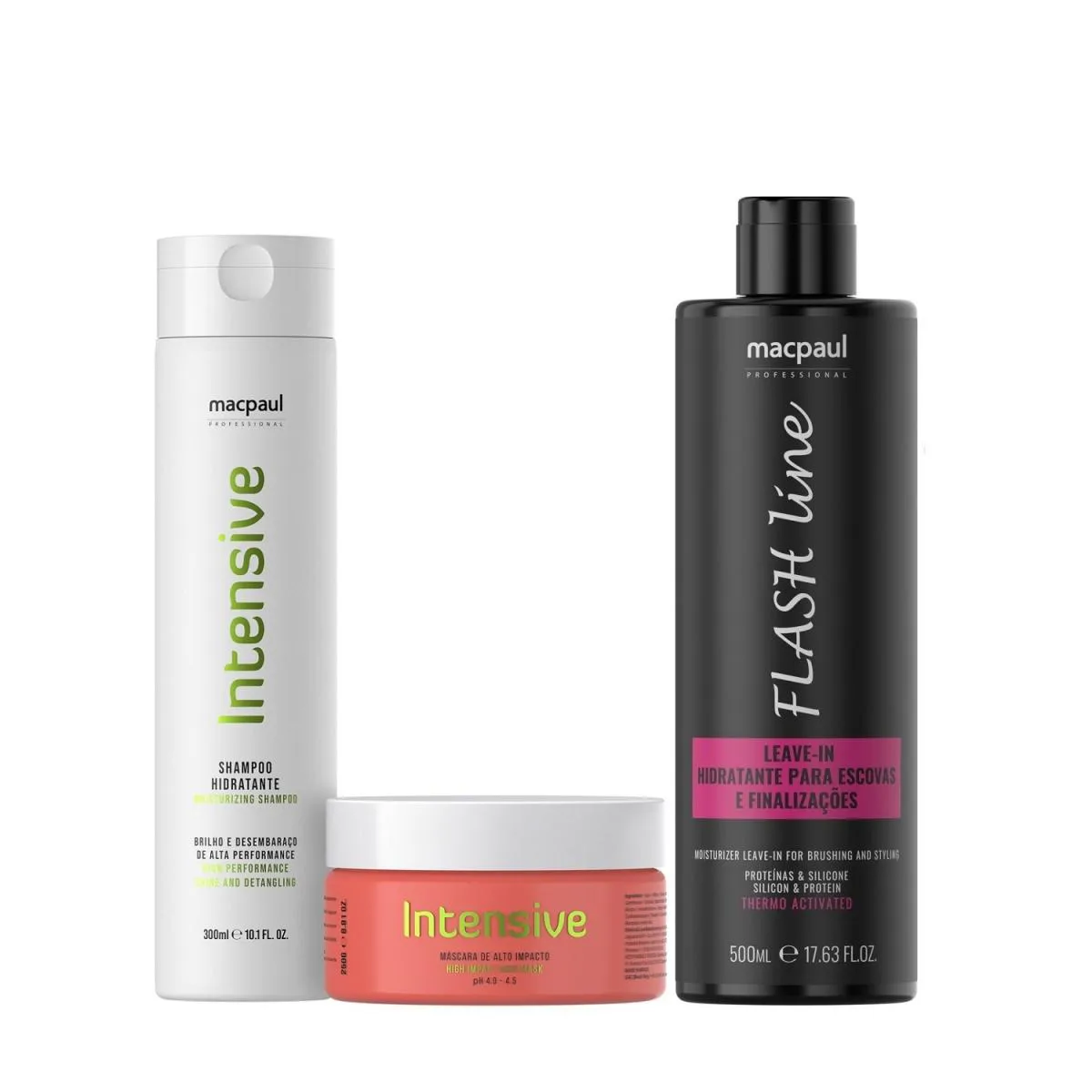 Kit MacPaul - Shampoo Intensive 300ml + Máscara Intensive 250g + Flash Line Leave - In 500ml 