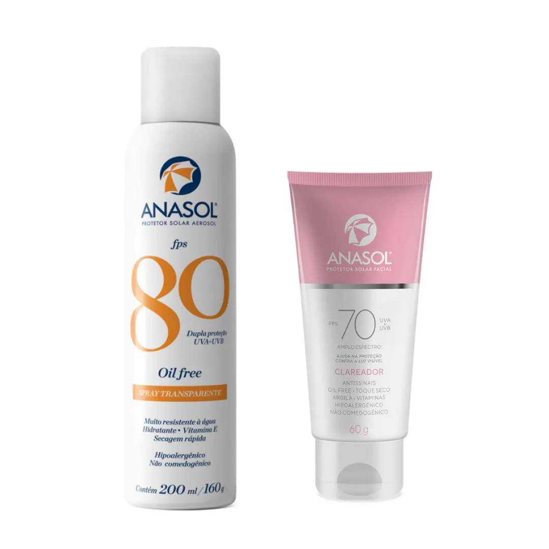 Kit Anasol Protetor Corporal Aerosol Fps 80 200 ml Toque Seco + Anasol Protetor Facial Fps 70 Clareador 60 gr Vegano