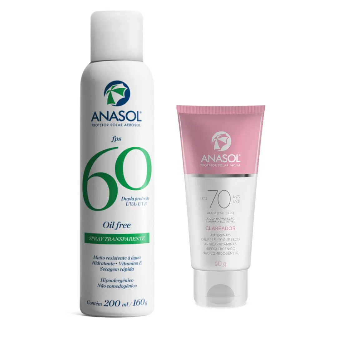 Kit Anasol Protetor Corporal Aerosol Fps 60 200 ml Toque Seco  + Anasol Protetor Facial Fps 70 Clareador 60 gr Vegano