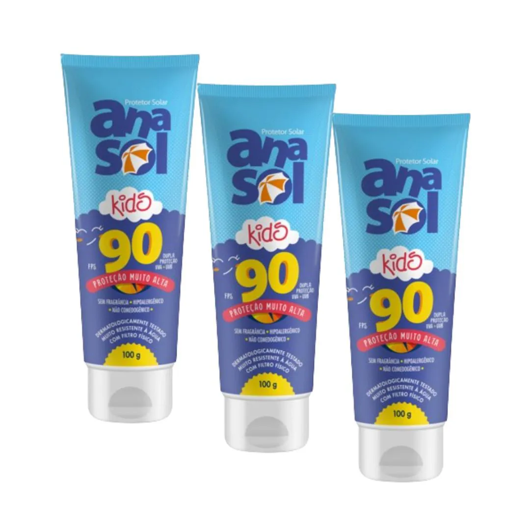Kit Anasol Protetor Corporal Kids Fps 90 100 gr Toque Seco Vegano 3 unidades