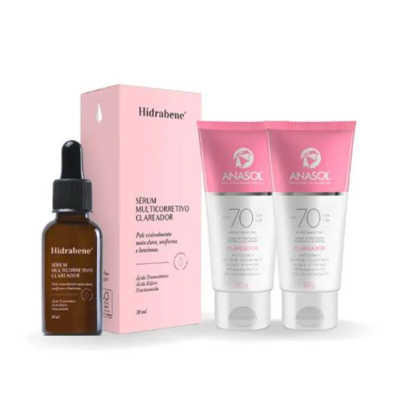 KIT PROTETOR FACIAL ANASOL FPS70 CLAREADOR 2UN + SÉRUM MULTICORRETIVO HIDRABENE CLAREADOR 30ML