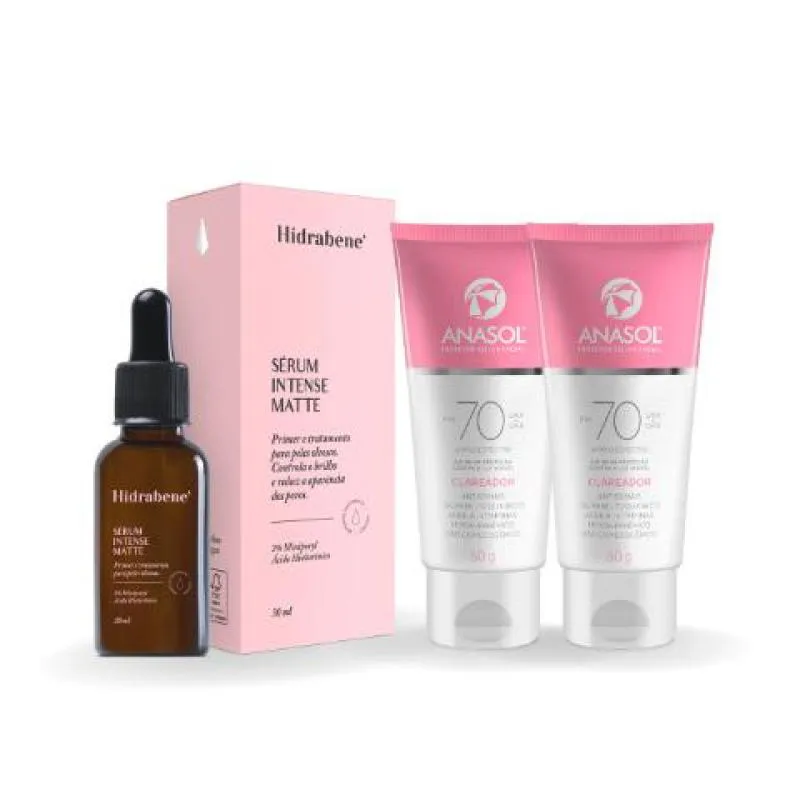 KIT PROTETOR FACIAL ANASOL FPS70 CLAREADOR 2UN + SÉRUM INTENSE MATTE HIDRABENE 30ML