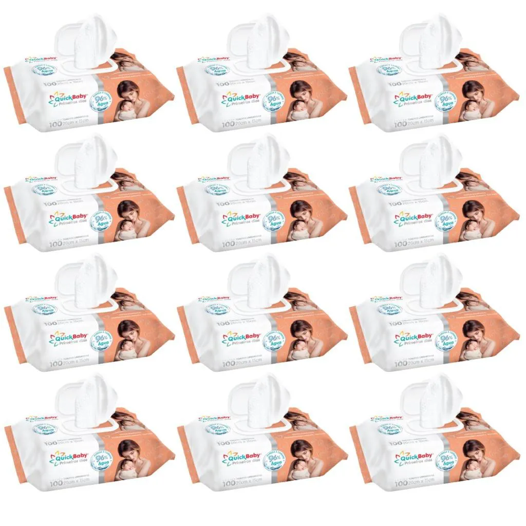 KIT TOALHA UMEDECIDA QUICKBABY PRIMEIROS DIAS 1200 UNIDADES RECÉM NASCIDO C/ 12 x 100 (SEM ÁLCOOL E SEM PERFUME)