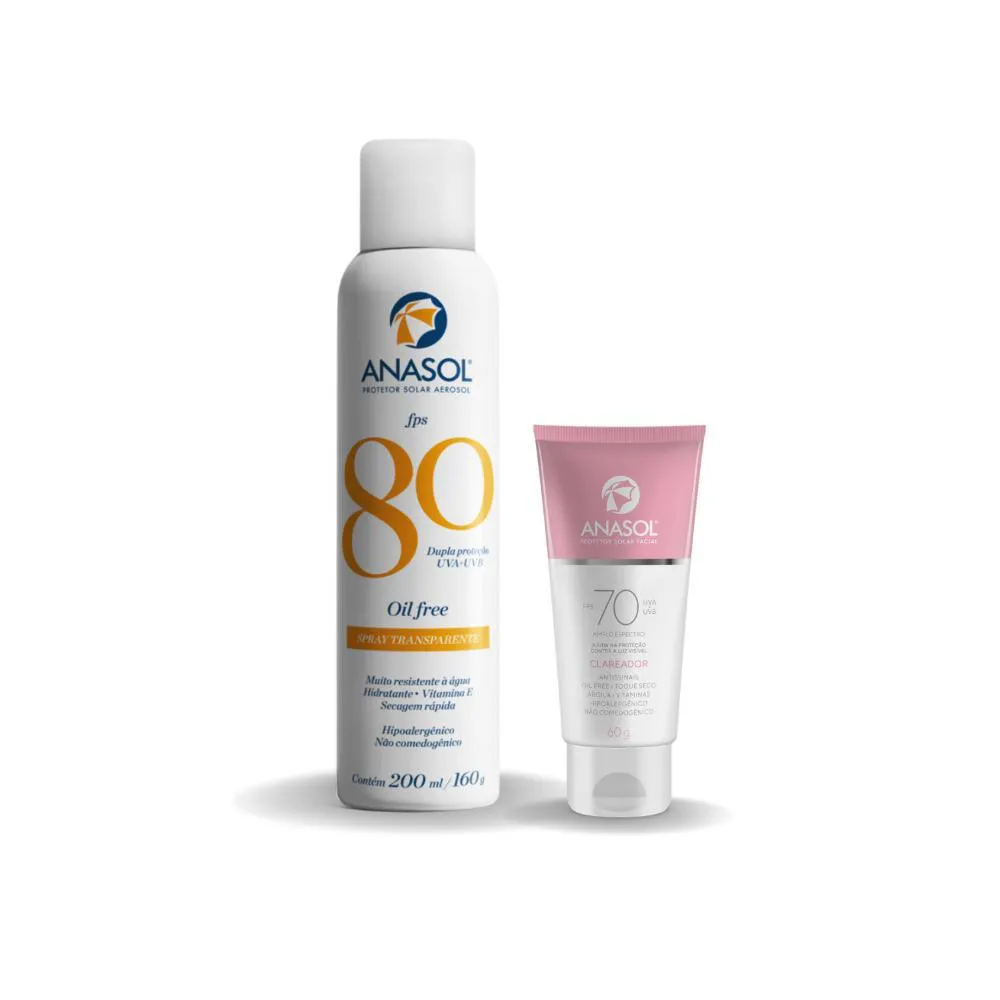 KIT PROTETOR CORPORAL ANASOL AEROSOL FPS80 200ML + PROTETOR FACIAL ANASOL FPS70 CLAREADOR 60G